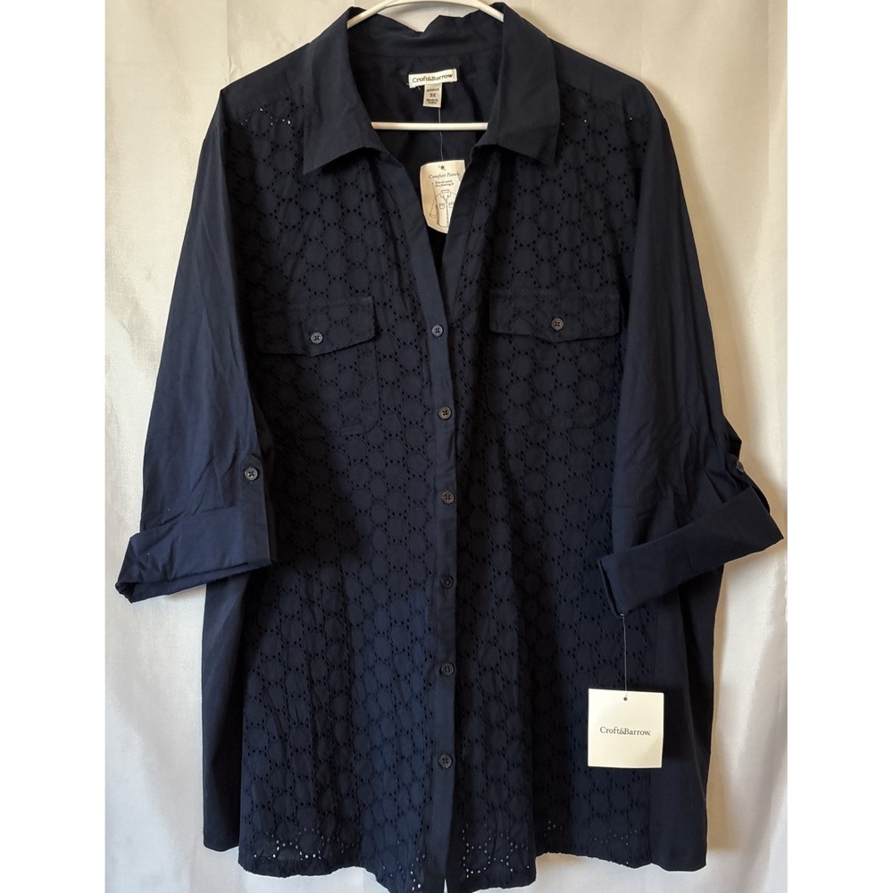 Croft‎ & Barrow Eyelet Top Blouse Roll Tab Sleeve Women 3XL Blue Lagenlook NWT
